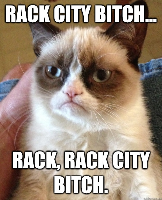 Rack city bitch... Rack, rack city bitch.  - Rack city bitch... Rack, rack city bitch.   Grumpy Cat