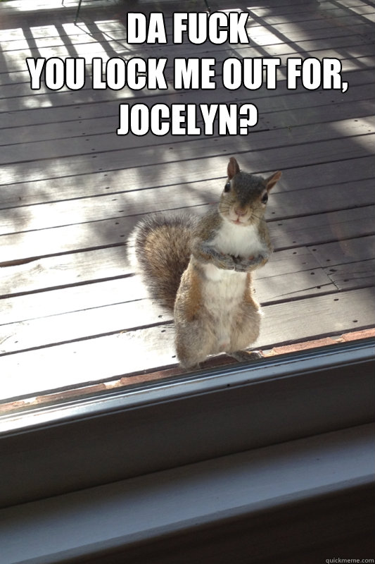 Da Fuck
You Lock me out for, Jocelyn?  - Da Fuck
You Lock me out for, Jocelyn?   Squirrel