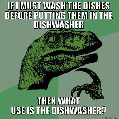 IF I MUST WASH THE DISHES BEFORE PUTTING THEM IN THE DISHWASHER THEN WHAT USE IS THE DISHWASHER? Philosoraptor