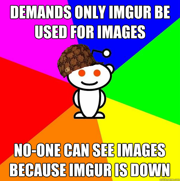 Demands only imgur be used for images No-one can see images because imgur is down  Scumbag Redditor