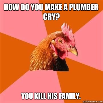 How do you make a plumber cry? You kill his family. - How do you make a plumber cry? You kill his family.  True story now anti joke chicken