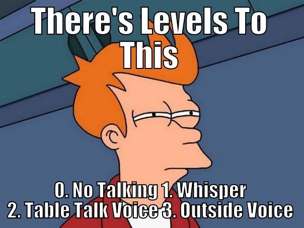 THERE'S LEVELS TO THIS 0. NO TALKING 1. WHISPER 2. TABLE TALK VOICE 3. OUTSIDE VOICE Futurama Fry