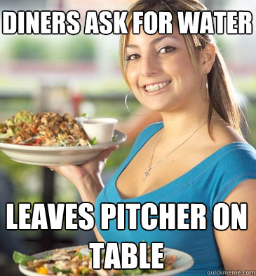 diners ask for water leaves pitcher on table  