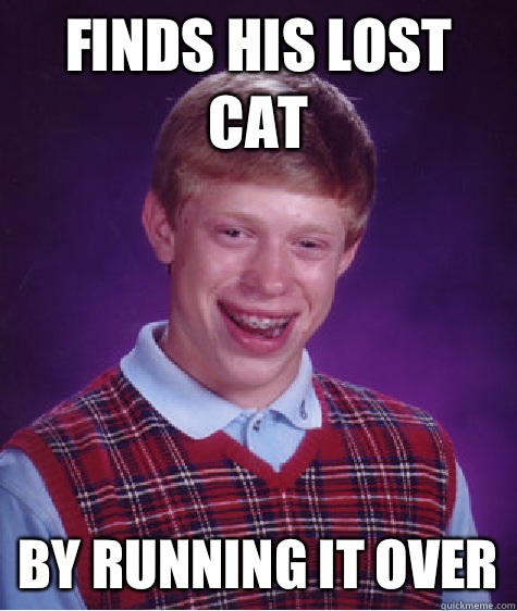 Finds his lost cat By running it over  Bad Luck Brian