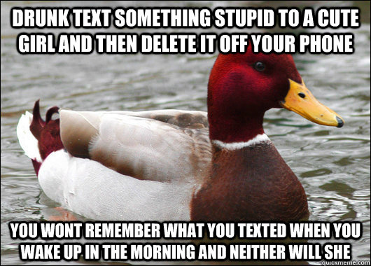 Drunk text something stupid to a cute girl and then delete it off your phone you wont remember what you texted when you wake up in the morning and neither will she  Malicious Advice Mallard