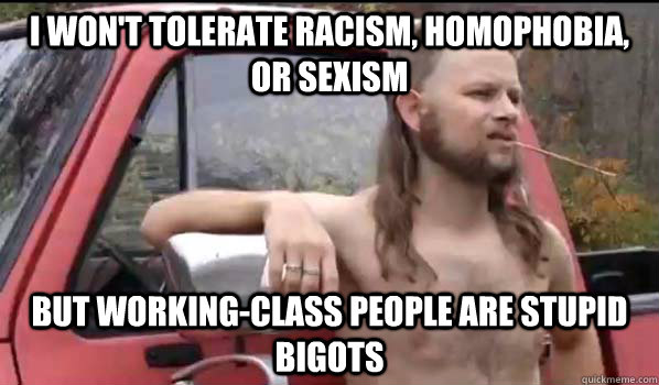 i won't tolerate racism, homophobia, or sexism but working-class people are stupid bigots  Almost Politically Correct Redneck