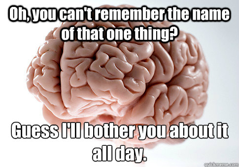 Oh, you can't remember the name of that one thing? Guess I'll bother you about it all day.  Scumbag Brain