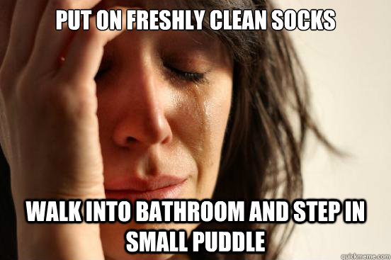 Put on freshly clean socks walk into bathroom and step in small puddle - Put on freshly clean socks walk into bathroom and step in small puddle  First World Problems