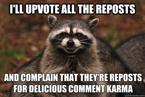 I'LL UPVOTE ALL THE REPOSTS AND COMPLAIN THAT THEY'RE REPOSTS FOR DELICIOUS COMMENT KARMA  Insidious Racoon 2