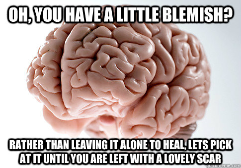 Oh, you have a little blemish? rather than leaving it alone to heal, lets pick at it until you are left with a lovely scar  Scumbag Brain