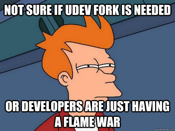 Not sure if udev fork is needed Or developers are just having a flame war  Not sure Fry