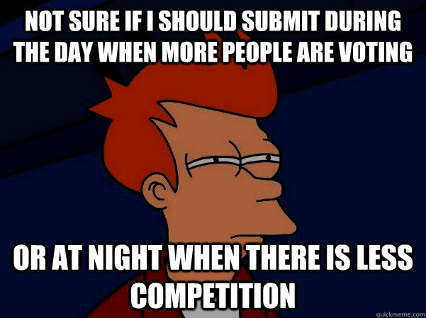 not sure if I should submit during the day when more people are voting or at night when there is less competition  