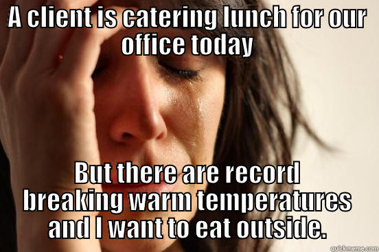 A CLIENT IS CATERING LUNCH FOR OUR OFFICE TODAY BUT THERE ARE RECORD BREAKING WARM TEMPERATURES AND I WANT TO EAT OUTSIDE. First World Problems
