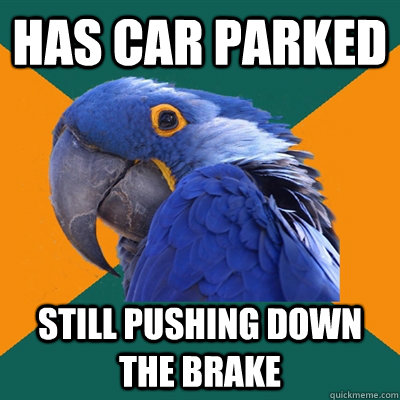 has car parked still pushing down the brake  Paranoid Parrot