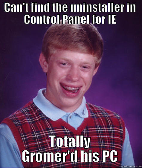 CAN'T FIND THE UNINSTALLER IN CONTROL PANEL FOR IE TOTALLY GROMER'D HIS PC Bad Luck Brian