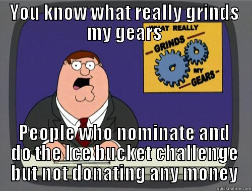 YOU KNOW WHAT REALLY GRINDS MY GEARS PEOPLE WHO NOMINATE AND DO THE ICE BUCKET CHALLENGE BUT NOT DONATING ANY MONEY Grinds my gears