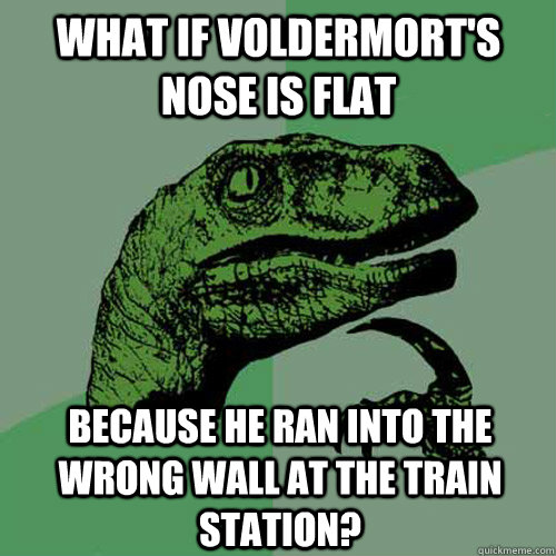 What if voldermort's nose is flat because he ran into the wrong wall at the train station?  Philosoraptor