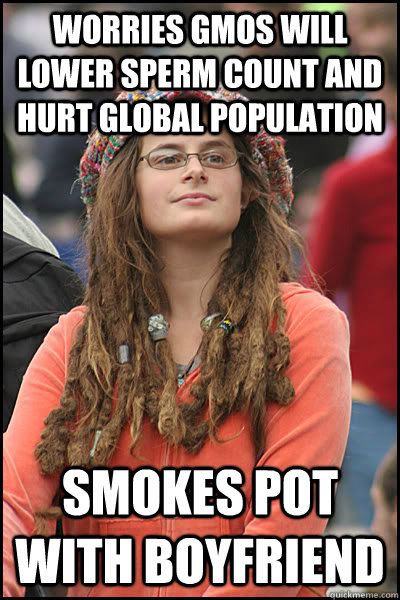 Worries GMOs will lower sperm count and hurt global population Smokes pot with boyfriend  College Liberal