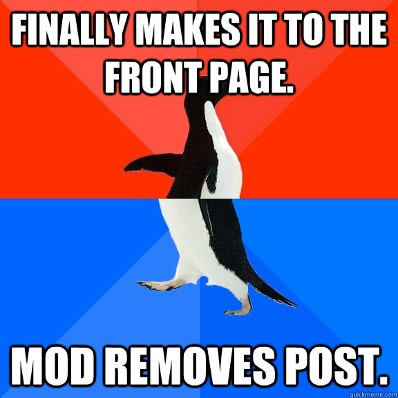 finally makes it to the front page.  mod removes post.   Socially Awesome Awkward Penguin