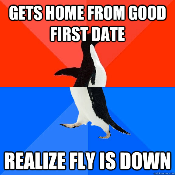 Gets home from good first date Realize fly is down  Socially Awesome Awkward Penguin