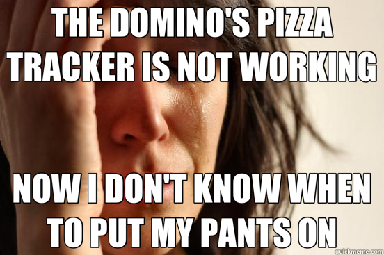 THE DOMINO'S PIZZA TRACKER IS NOT WORKING NOW I DON'T KNOW WHEN TO PUT MY PANTS ON - THE DOMINO'S PIZZA TRACKER IS NOT WORKING NOW I DON'T KNOW WHEN TO PUT MY PANTS ON  First World Problems