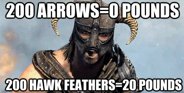 200 Arrows=0 pounds 200 Hawk Feathers=20 pounds  skyrim