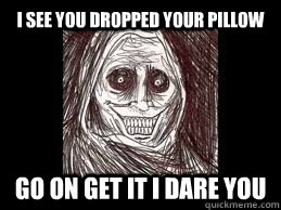 I see you dropped your pillow go on get it i dare you  