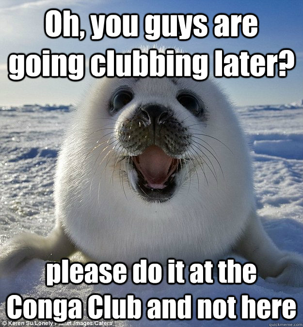 Oh, you guys are going clubbing later? please do it at the Conga Club and not here  Easily Pleased Seal