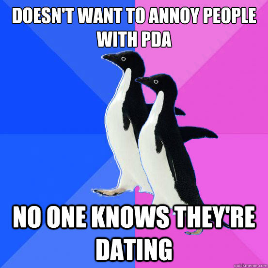 doesn't want to annoy people with PDA no one knows they're dating  Socially Awkward Couple