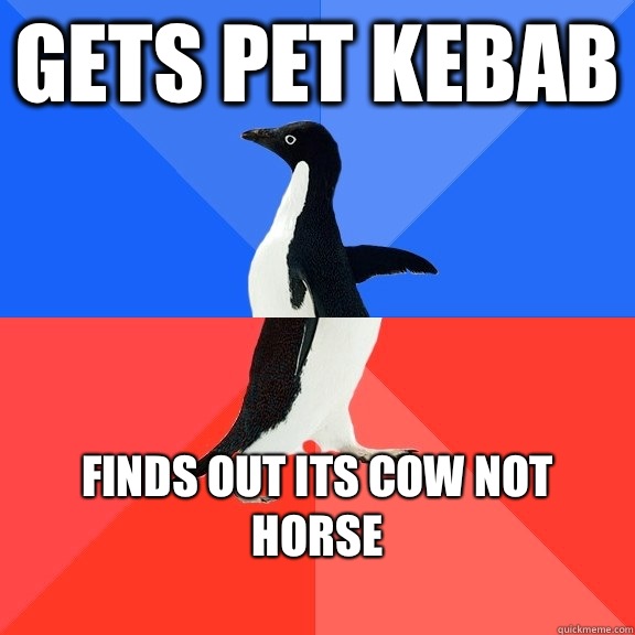 Gets pet kebab Finds out its cow not horse
  Socially Awkward Awesome Penguin