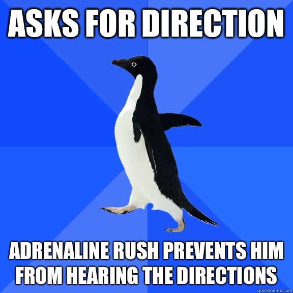 Asks for direction Adrenaline rush prevents him from hearing the directions  Socially Awkward Penguin