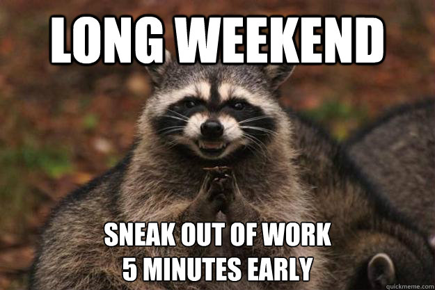 long weekend sneak out of work 
5 minutes early - long weekend sneak out of work 
5 minutes early  Evil Plotting Raccoon