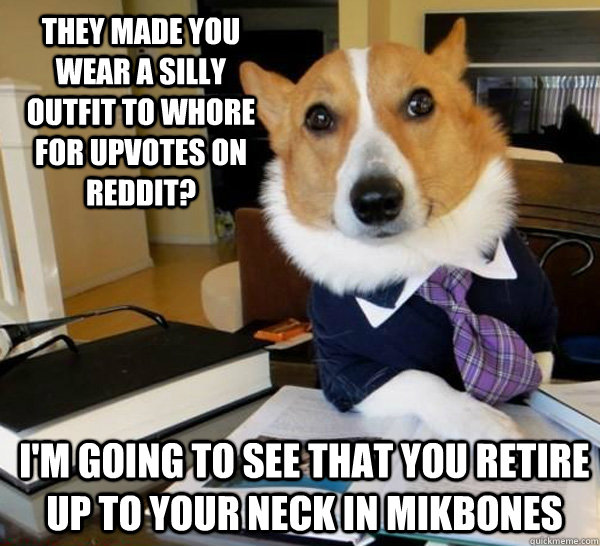 They made you wear a silly outfit to whore for upvotes on reddit? I'm going to see that you retire up to your neck in mikbones  Lawyer Dog
