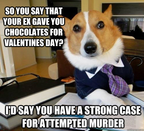 So you say that your ex gave you chocolates for valentines day? I'd say you have a strong case for attempted murder - So you say that your ex gave you chocolates for valentines day? I'd say you have a strong case for attempted murder  Lawyer Dog