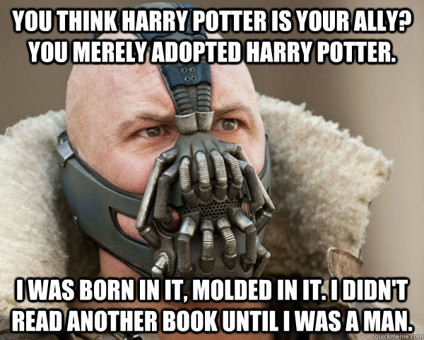 You think Harry Potter is your ally? You merely adopted Harry Potter. I was born in it, molded in it. I didn't read another book until I was a man.  Bane Connery