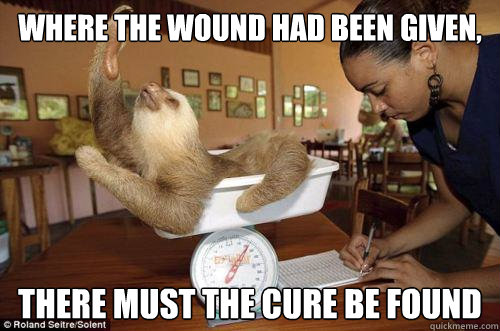 Where the wound had been given, there must the cure be found - Where the wound had been given, there must the cure be found  Dramatic Sloth