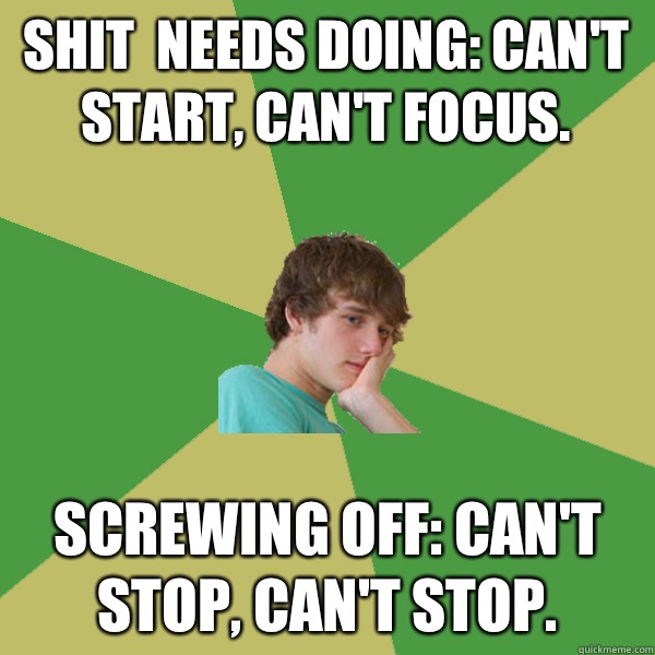 Shit  needs doing: can't start, can't focus. Screwing off: can't stop, can't stop.  ADHD Kid