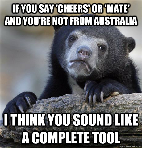 If you say 'cheers' or 'mate' and you're not from Australia  I think you sound like a complete tool - If you say 'cheers' or 'mate' and you're not from Australia  I think you sound like a complete tool  Confession Bear
