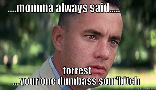 ....MOMMA ALWAYS SAID.....               FORREST ....YOUR ONE DUMBASS SOM'BITCH  Offensive Forrest Gump