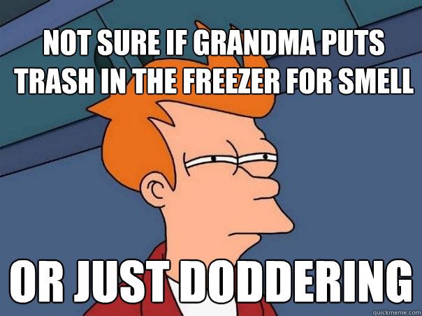 Not sure if grandma puts trash in the freezer for smell or just doddering  Futurama Fry
