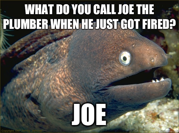 What do you call Joe the plumber when he just got fired? Joe - What do you call Joe the plumber when he just got fired? Joe  Bad Joke Eel