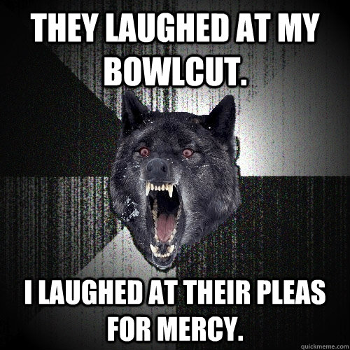 They laughed at my bowlcut. i laughed at their pleas for mercy.  Insanity Wolf