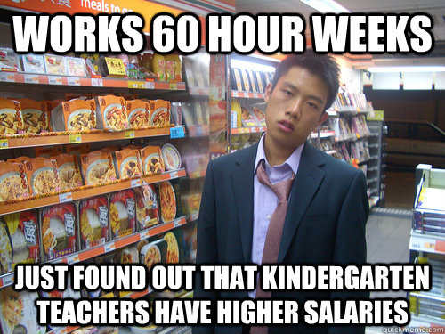 works 60 hour weeks just found out that kindergarten teachers have higher salaries  Disenchanted Young Professional