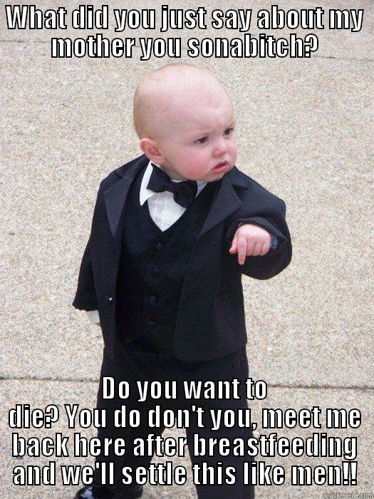 WHAT DID YOU JUST SAY ABOUT MY MOTHER YOU SONABITCH? DO YOU WANT TO DIE? YOU DO DON'T YOU, MEET ME BACK HERE AFTER BREASTFEEDING AND WE'LL SETTLE THIS LIKE MEN!! Baby Godfather