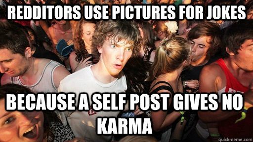 Redditors use pictures for jokes because a self post gives no karma  Sudden Clarity Clarence