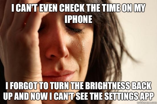 I can't even check the time on my iPhoNe I forgot to turn the brightness back up and now I can't see the settings app  First World Problems