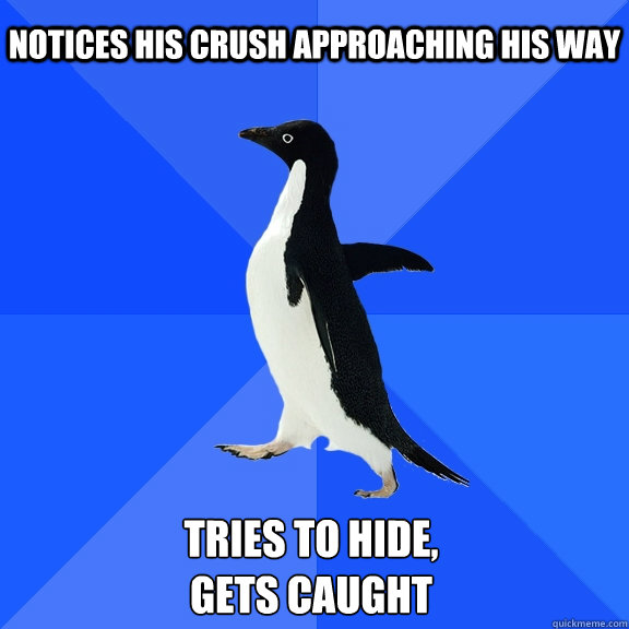 Notices his crush approaching his way tries to hide,
gets caught    Socially Awkward Penguin