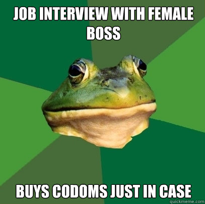 Job interview with female boss Buys codoms just in case  Foul Bachelor Frog