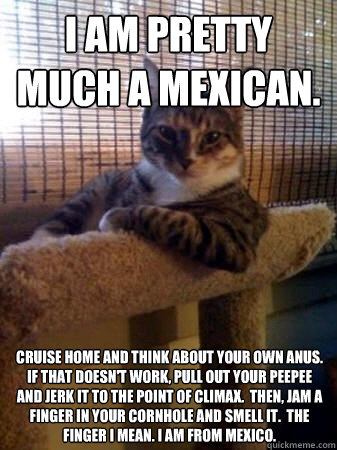 I am pretty much a Mexican. Cruise home and think about your own anus.  If that doesn't work, pull out your peepee and jerk it to the point of climax.  Then, jam a finger in your cornhole and smell it.  The finger I mean. I am from Mexico.  The Most Interesting Cat in the World