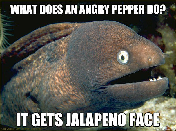 What does an angry pepper do? It gets Jalapeno face  Bad Joke Eel